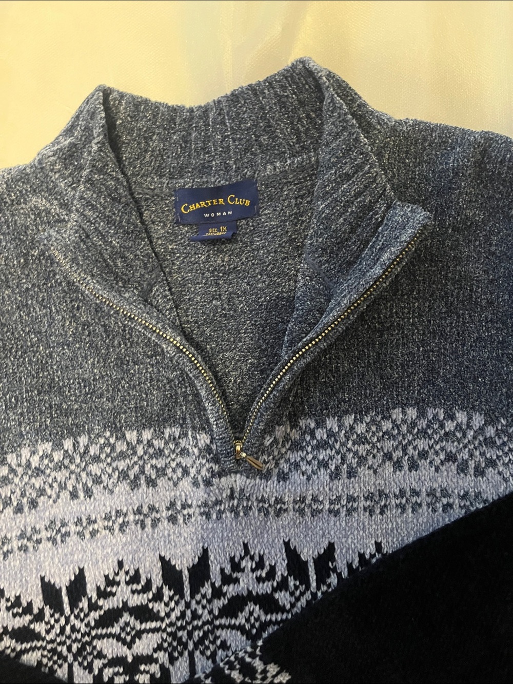 Charter Club Woman Comfort Code Navy and Gray Half-Zip Fair Isle Sweater Size 1X